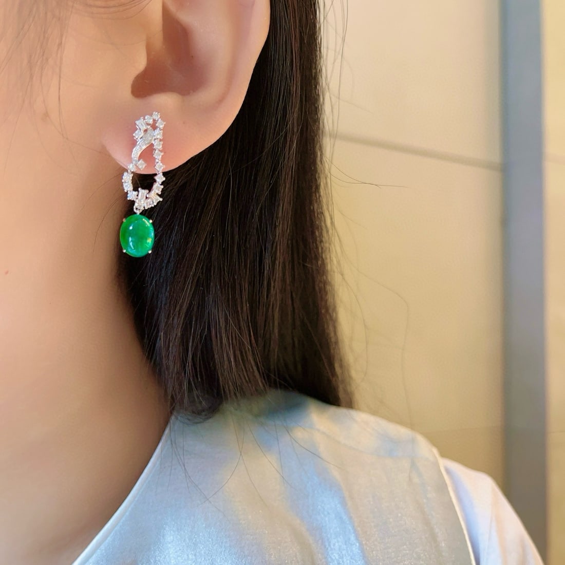 14k Gold 6.94 Ctw Vivid Green Natural Emerald & Diamond Earrings - 2