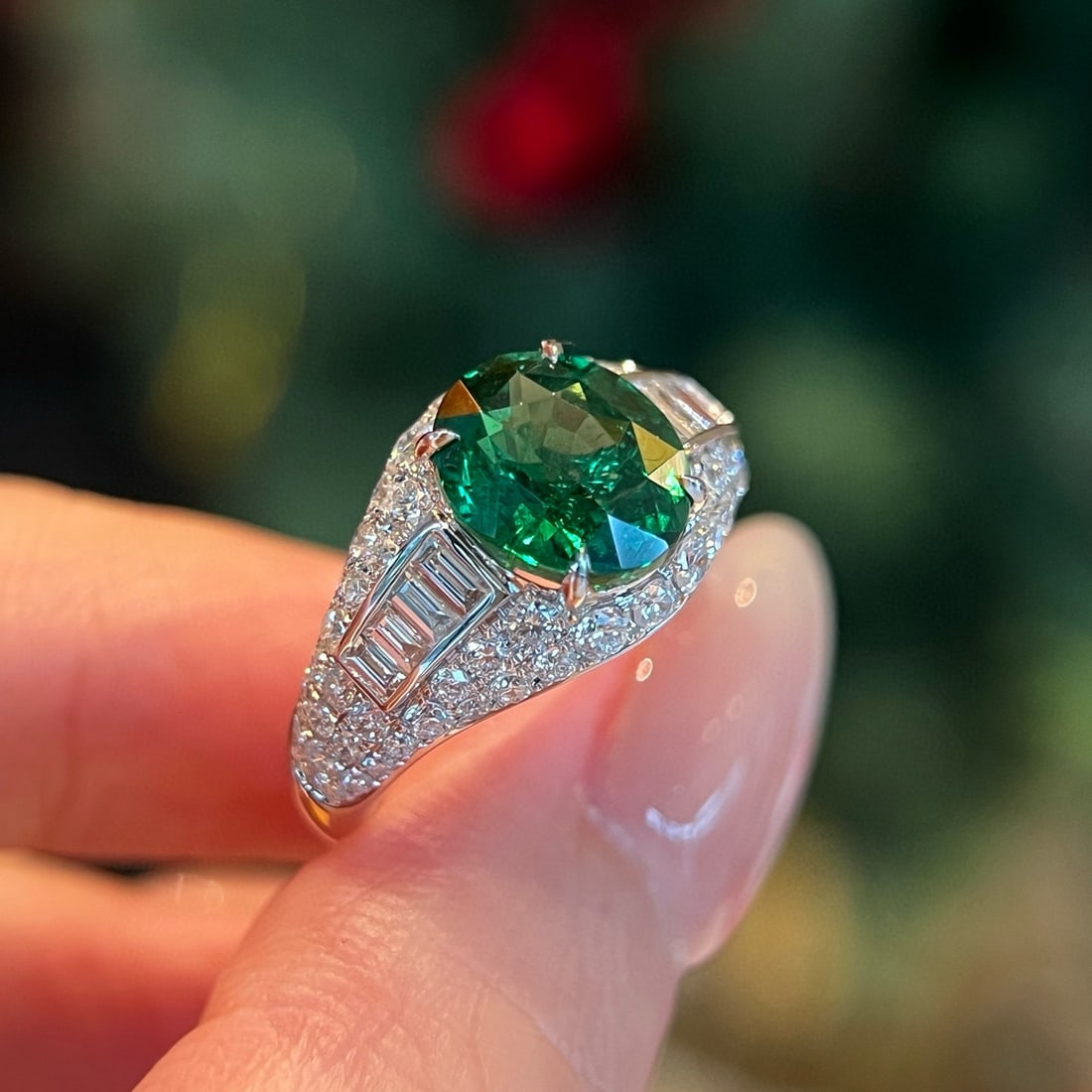 14k Gold 4.23 Ctw Vivid Green Natural Tsavorite & Lab Grown Diamond Ring - 2