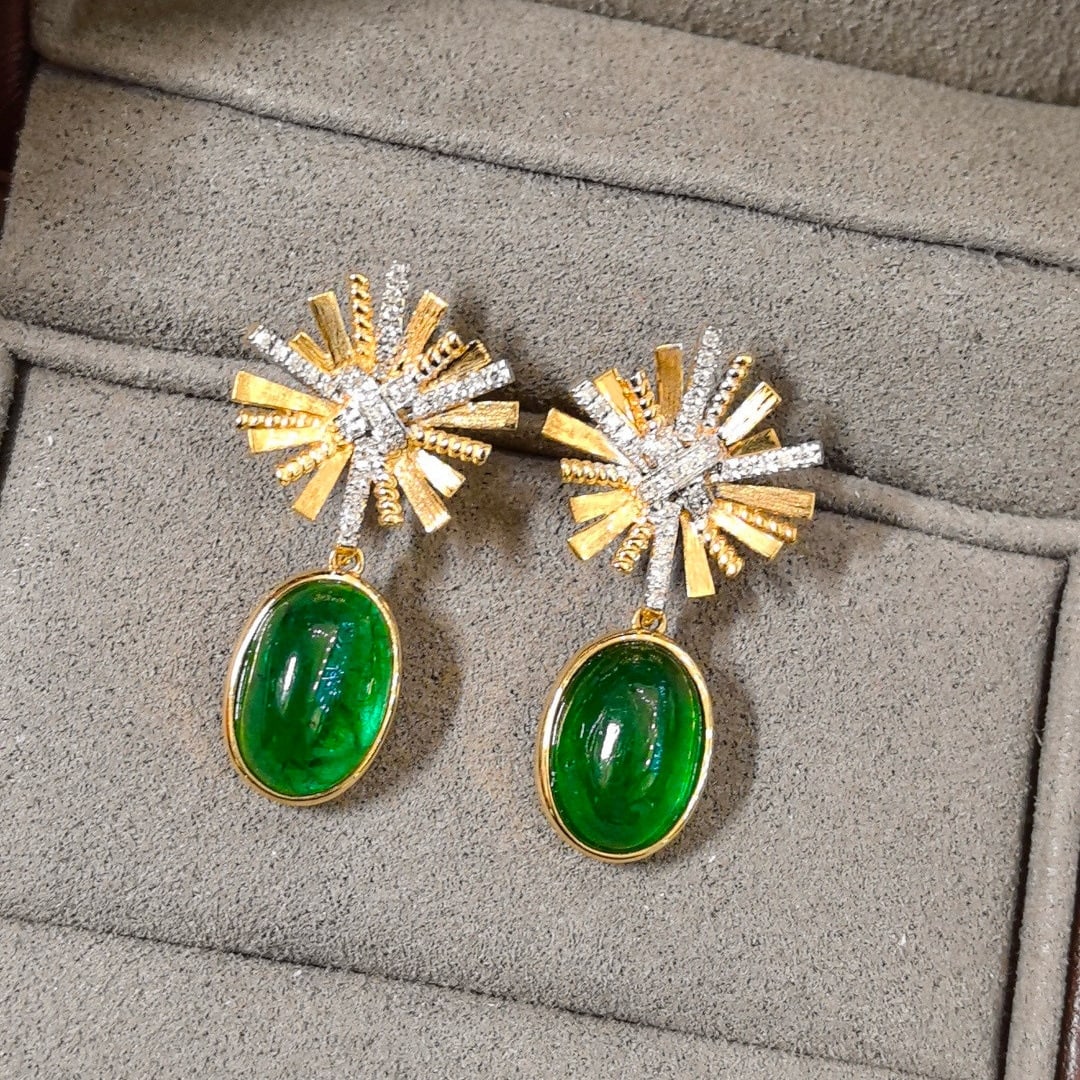 14k Gold 4.87 Ctw Vivid Green Natural Emerald & Diamond Earrings - 2