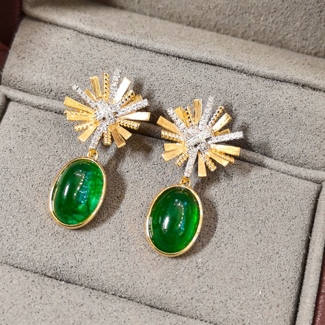 14k Gold 4.87 Ctw Vivid Green Natural Emerald & Diamond Earrings - 3