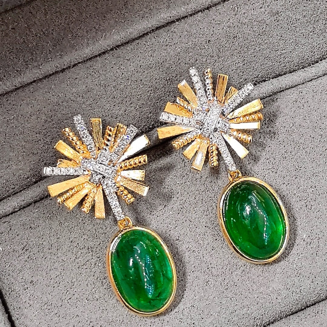 14k Gold 4.87 Ctw Vivid Green Natural Emerald & Diamond Earrings - 4