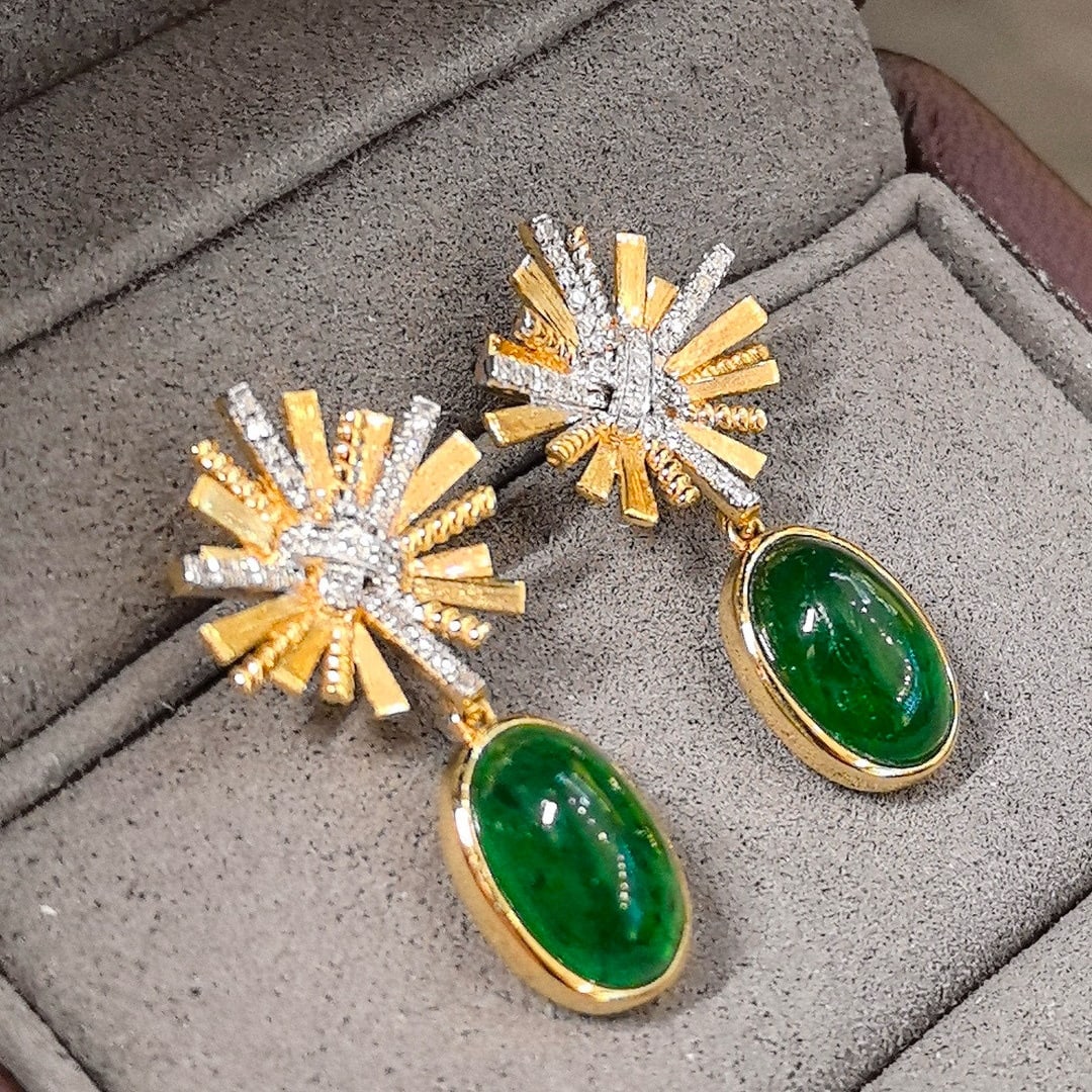 14k Gold 4.87 Ctw Vivid Green Natural Emerald & Diamond Earrings - 5