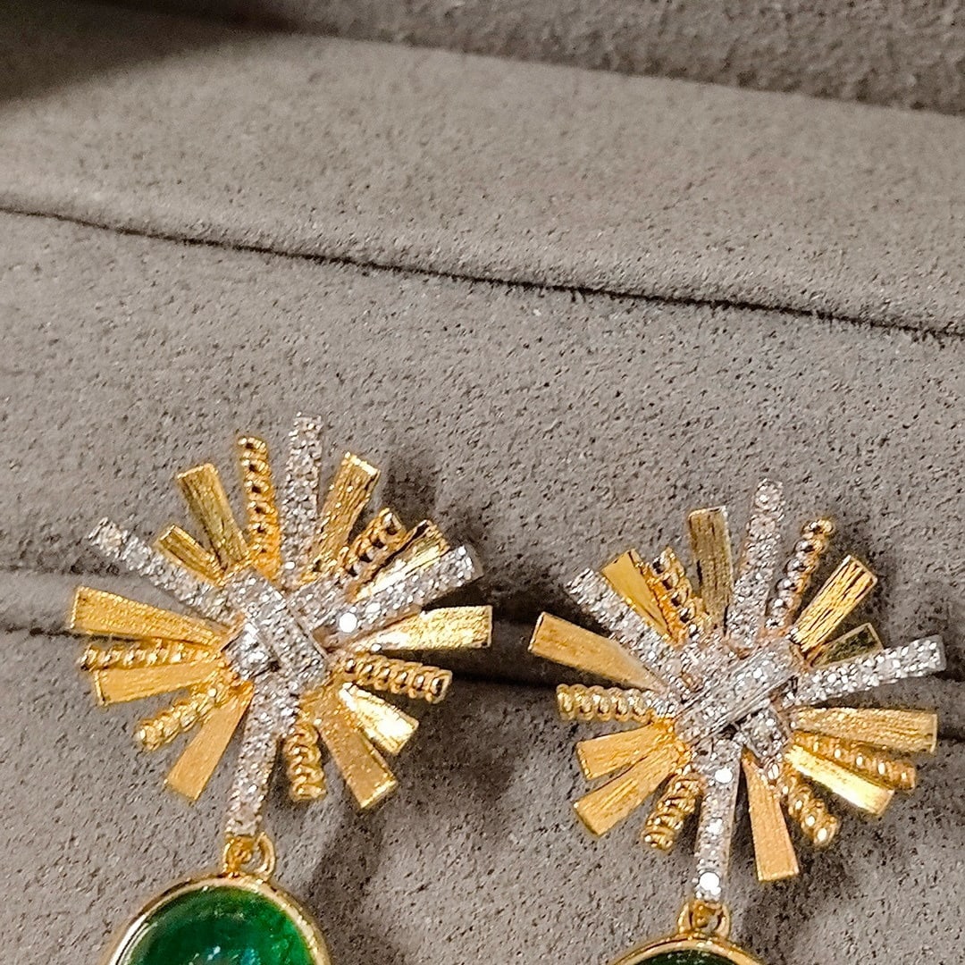 14k Gold 4.87 Ctw Vivid Green Natural Emerald & Diamond Earrings - 6