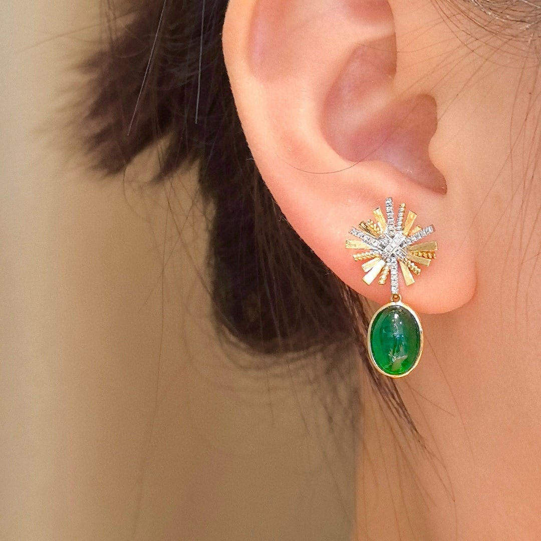 14k Gold 4.87 Ctw Vivid Green Natural Emerald & Diamond Earrings - 7