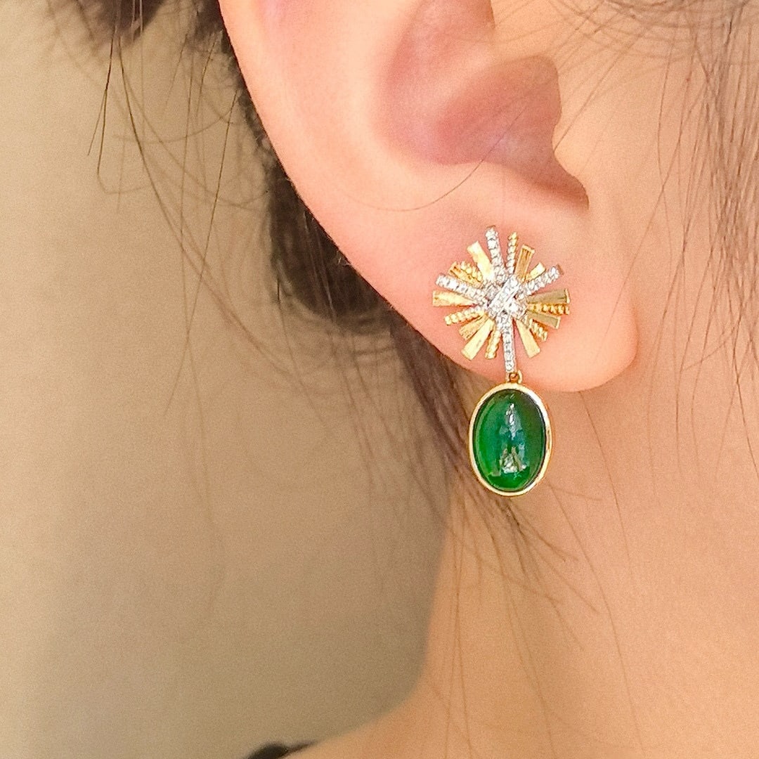 14k Gold 4.87 Ctw Vivid Green Natural Emerald & Diamond Earrings - 8