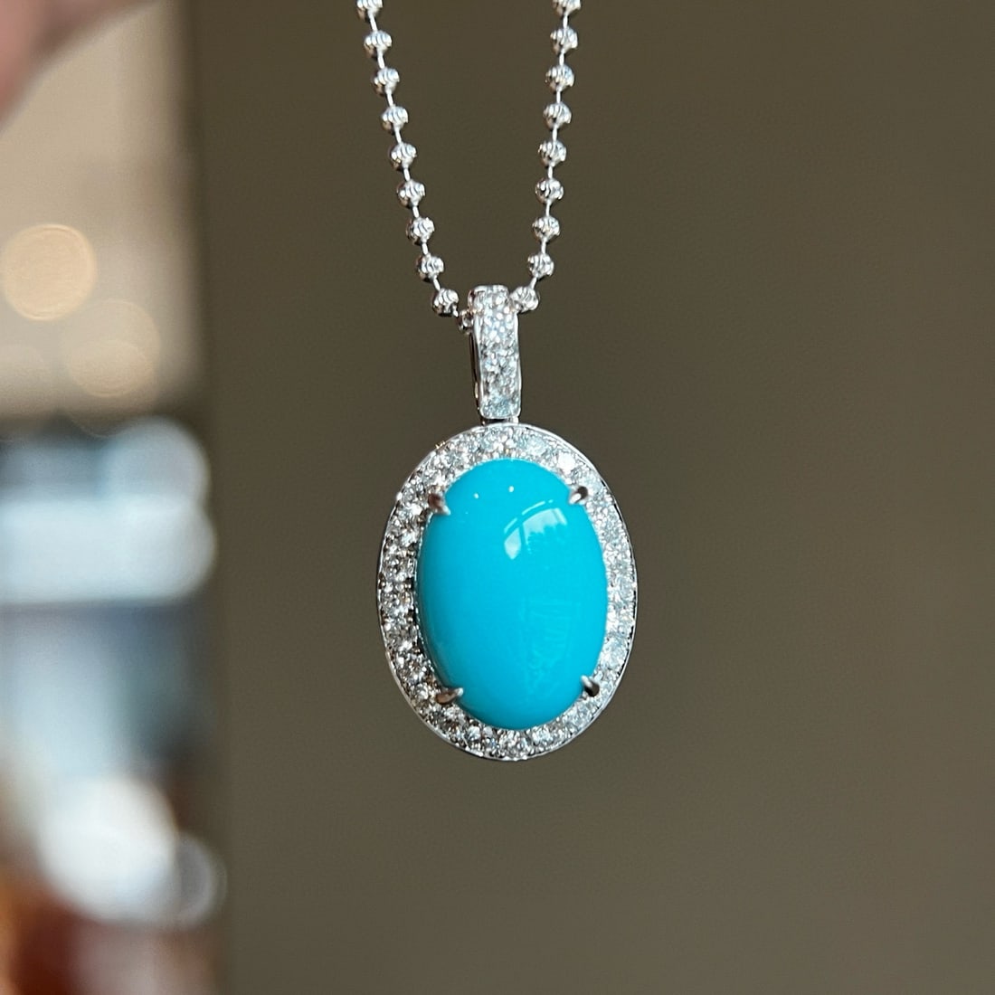 14k Gold 5.23 Ctw Natural Blue Turquoise & Lab Grown Diamond Pendant( Without Chain ): Ref:231088385 // gold content:14k gold // main gemstone:blue turquoise // shape:oval // carat weight:4. 59ct // color:blue // treatment:natural // // adjacent gemstone 2 : lab grown diamond //