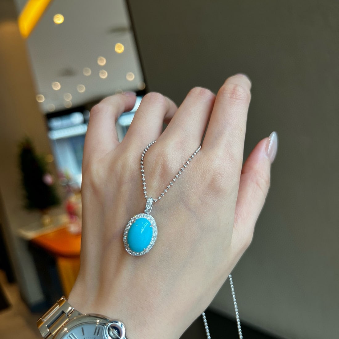 14k Gold 5.23 Ctw Natural Blue Turquoise & Lab Grown Diamond Pendant( Without Chain ) - 3