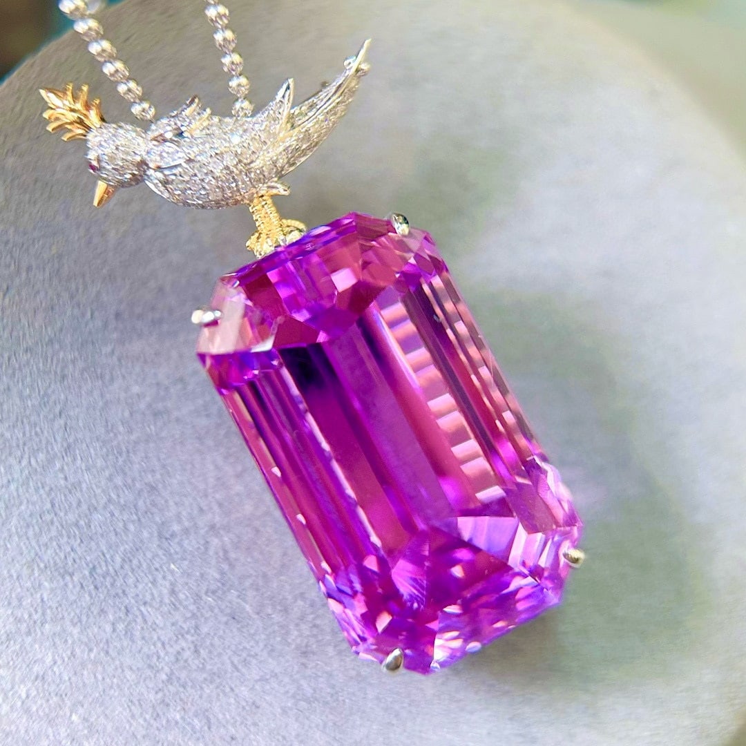 14k Gold 91.12 Ctw Natural Kunzite & Diamond Brooch/pendant( Without Chain ) - 2