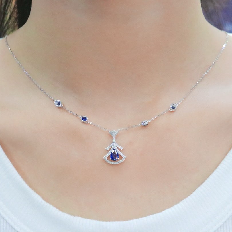 14k Gold 1.08 Ctw Natural Sapphire & Diamond Necklace - 4