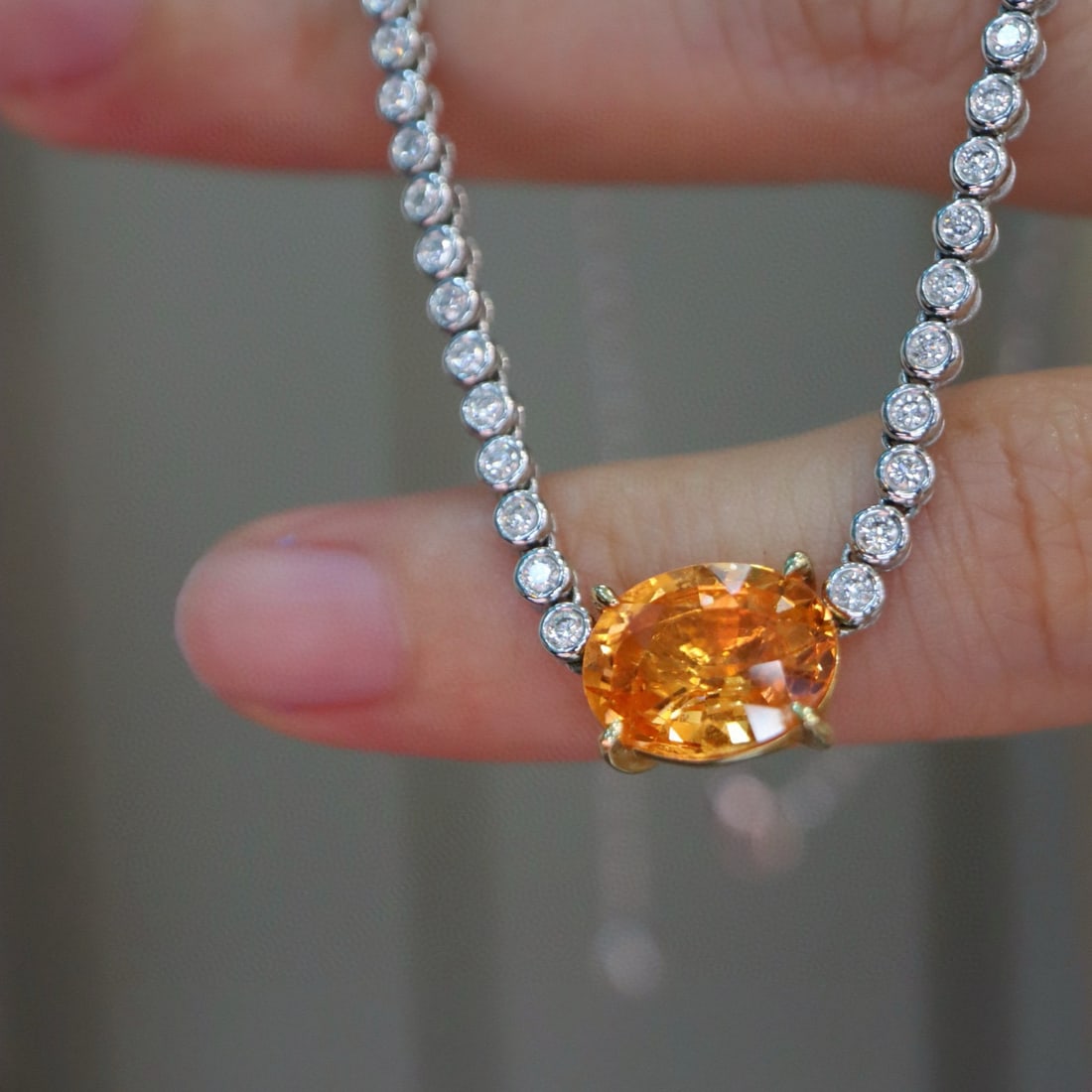 14k Gold 3.96 Ctw Natural Spessartine & Diamond Necklace: Ref:231088419 // gold content:14k gold // main gemstone:spessartine // shape:oval // carat weight:3. 36ct // color:orange // treatment:natural // // adjacent gemstone 2 : diamond // shape:round //