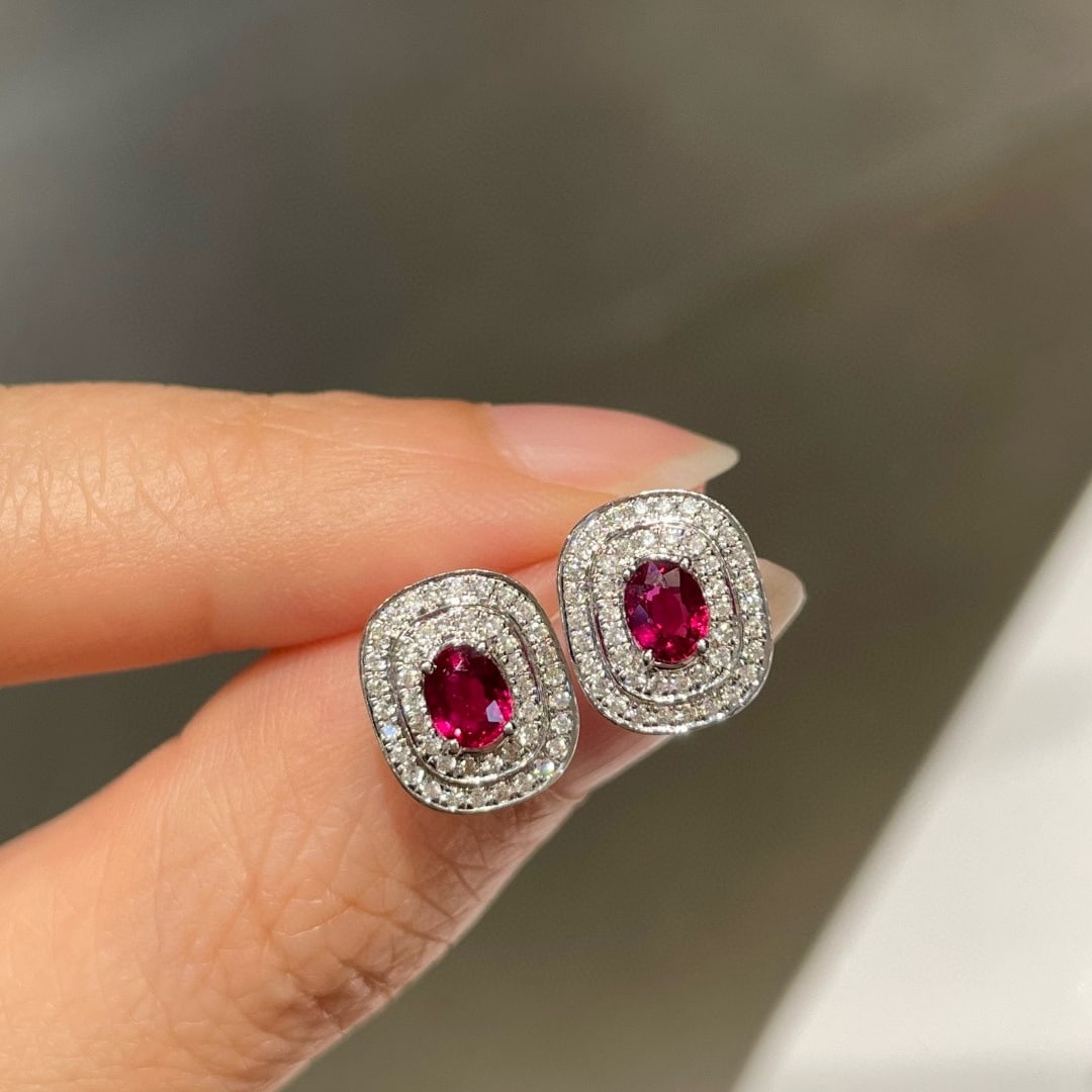 14k Gold 0.59 Ct Natural Ruby & Diamond Earrings - 5