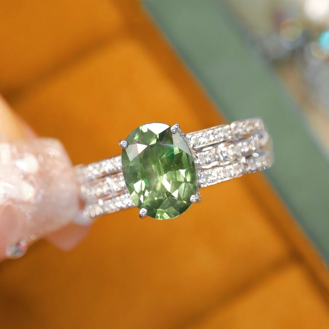 14k Gold 1.59 Ctw Natural Sapphire & Diamond Ring: Ref:231088424 // gold content:14k gold // ring size:7. 25us // // main gemstone:sapphire // shape:oval // carat weight:1. 46ct // color:green // treatment:natural // // adjacent gemstone 2 :