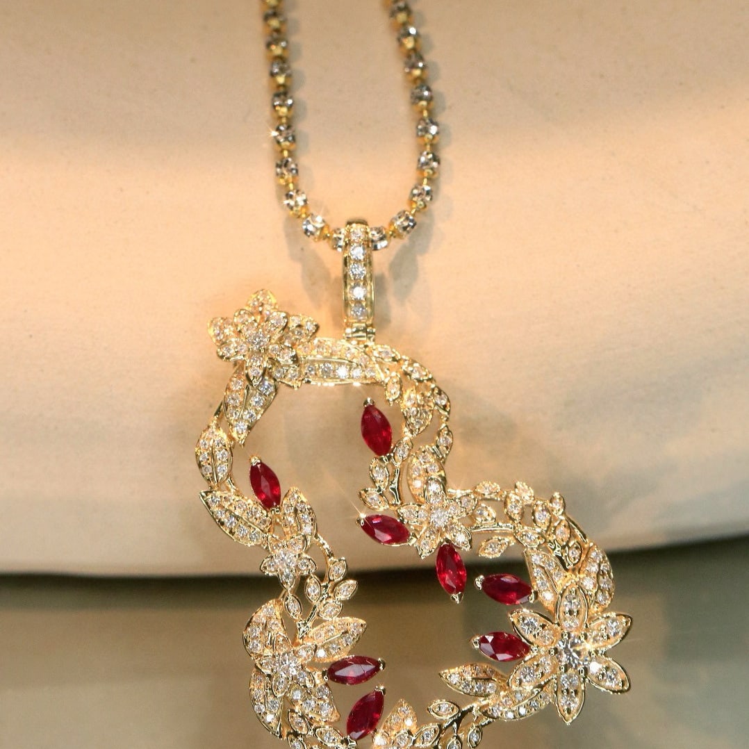 14k Gold 1.67 Ctw Natural Ruby & Diamond Pendant( Without Chain ) - 2