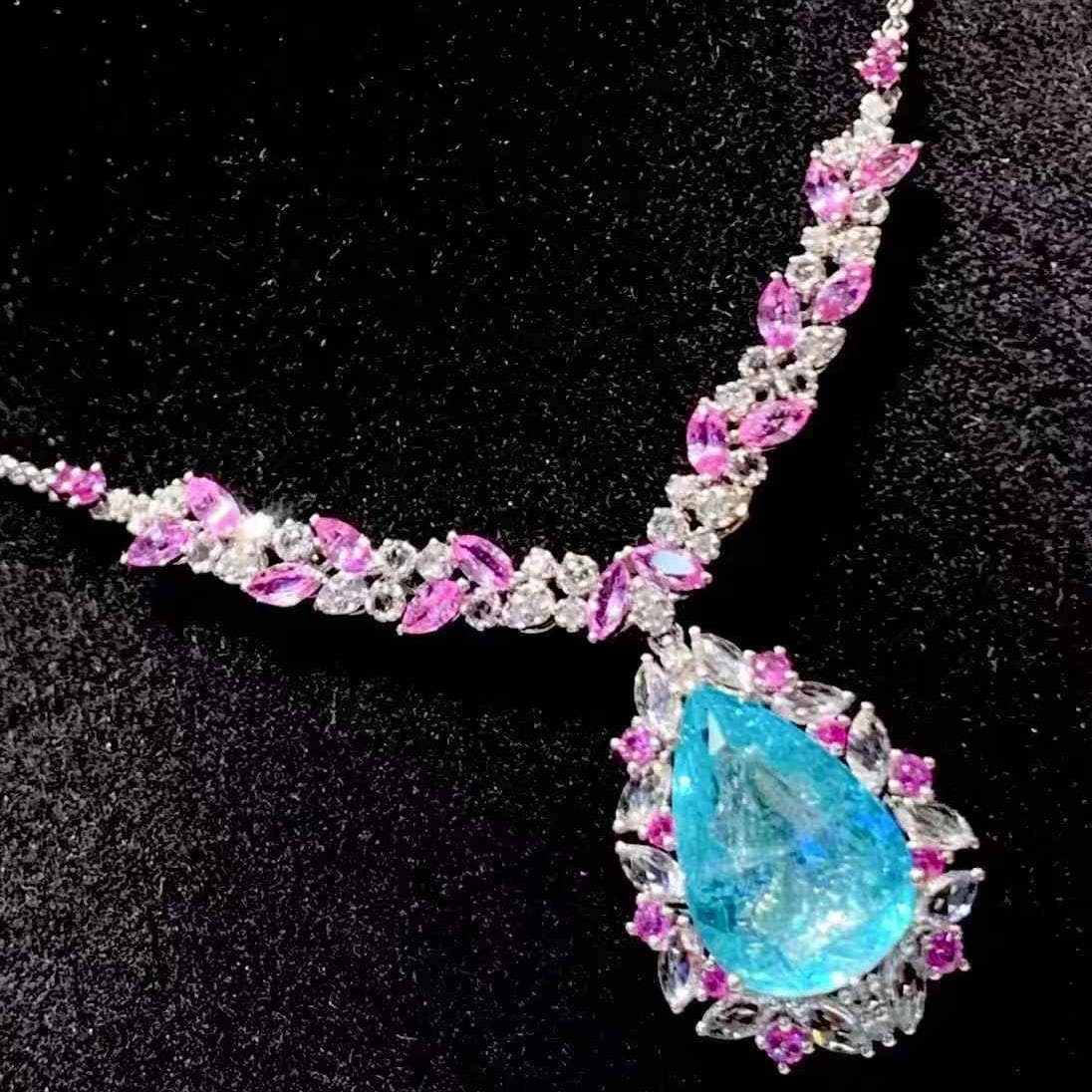 14k Gold 6.19 Ct Natural Paraiba Tourmaline & Diamond & Sapphire Necklace - 2