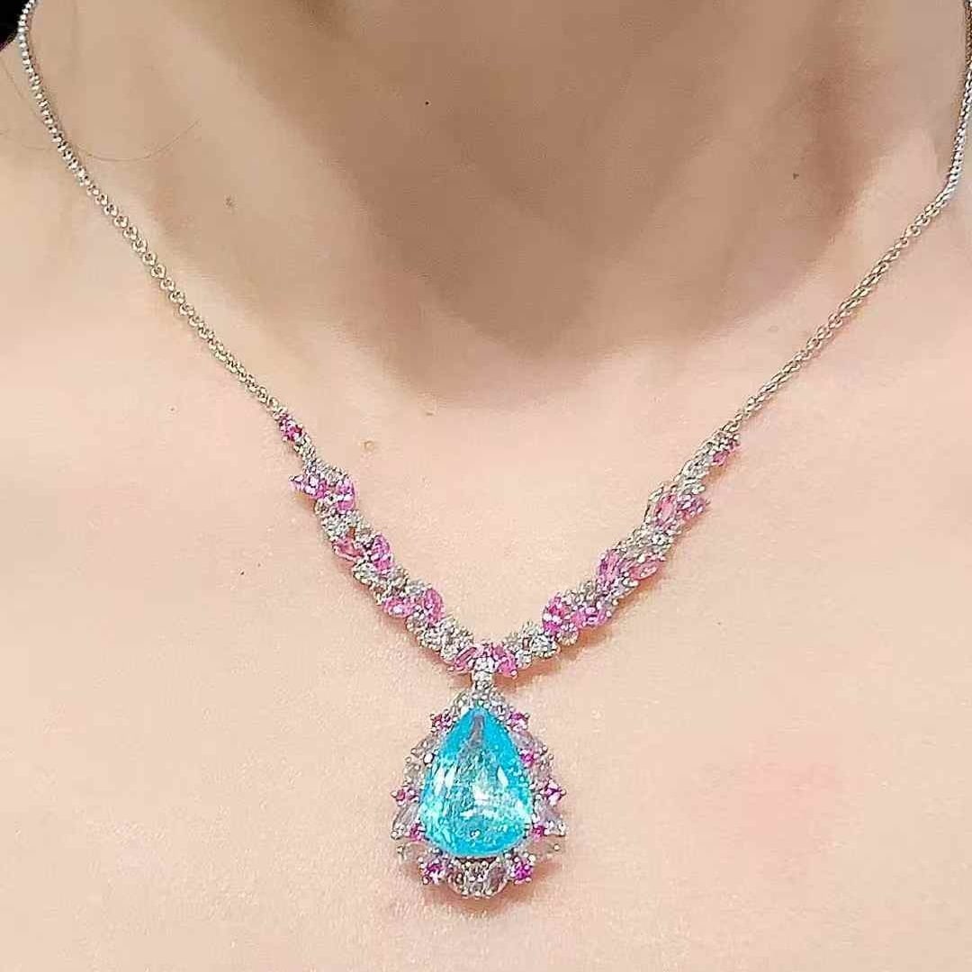 14k Gold 6.19 Ct Natural Paraiba Tourmaline & Diamond & Sapphire Necklace - 3