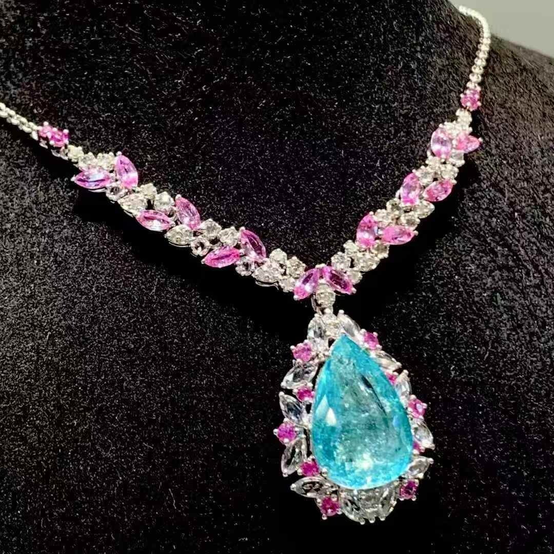 14k Gold 6.19 Ct Natural Paraiba Tourmaline & Diamond & Sapphire Necklace - 4