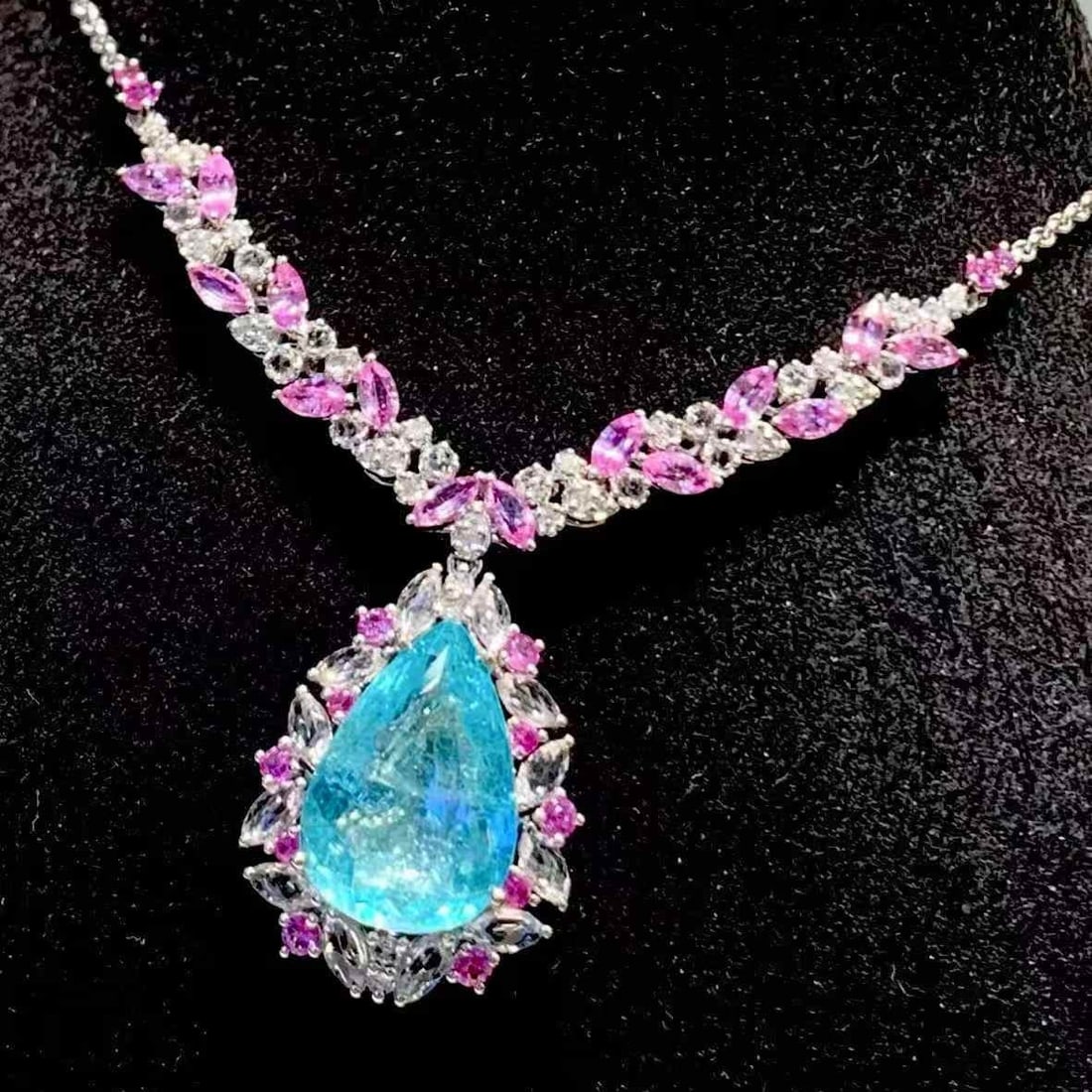 14k Gold 6.19 Ct Natural Paraiba Tourmaline & Diamond & Sapphire Necklace - 6
