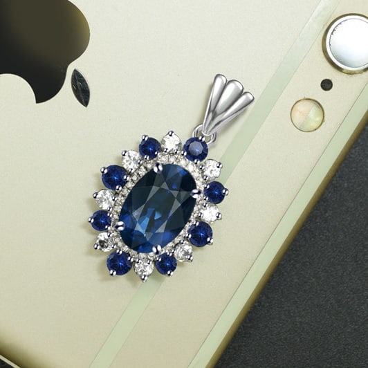 14k Gold 4.32 Ctw Natural Sapphire & Sapphire Pendant( Without Chain ): Ref:231089028 // gold content:14k gold // main gemstone:sapphire // shape:oval // carat weight:3. 91ct // color:blue // treatment:natural // // adjacent gemstone 2 : sapphire // shape:round //