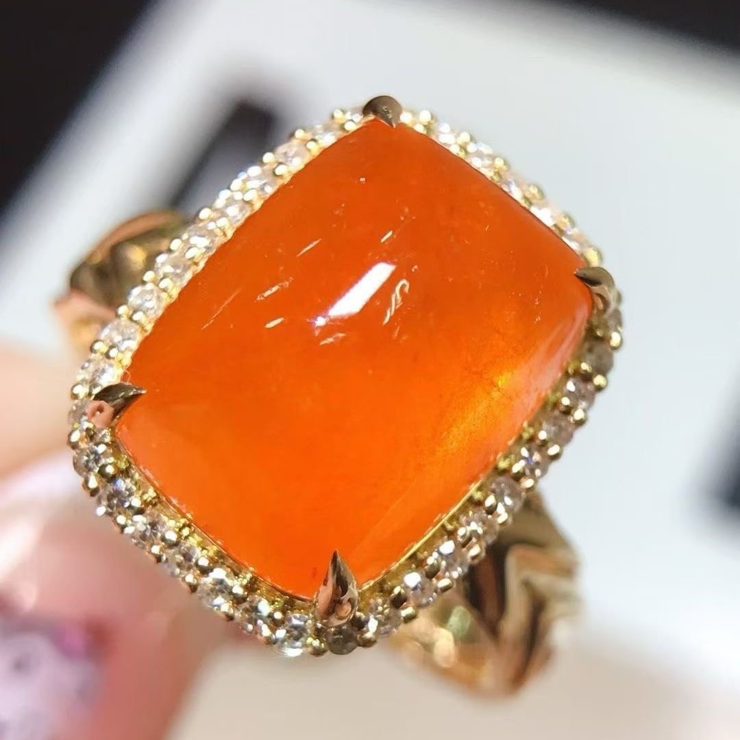 14k Gold 9 Ct Natural Spessartine & Diamond Ring: Ref:231089048 // gold content:14k gold // ring size:7. 25us // // main gemstone:spessartine // shape:sugar-loaf // carat weight:9ct // color:orange // treatment:natural // // adjacent gemstone 2 :
