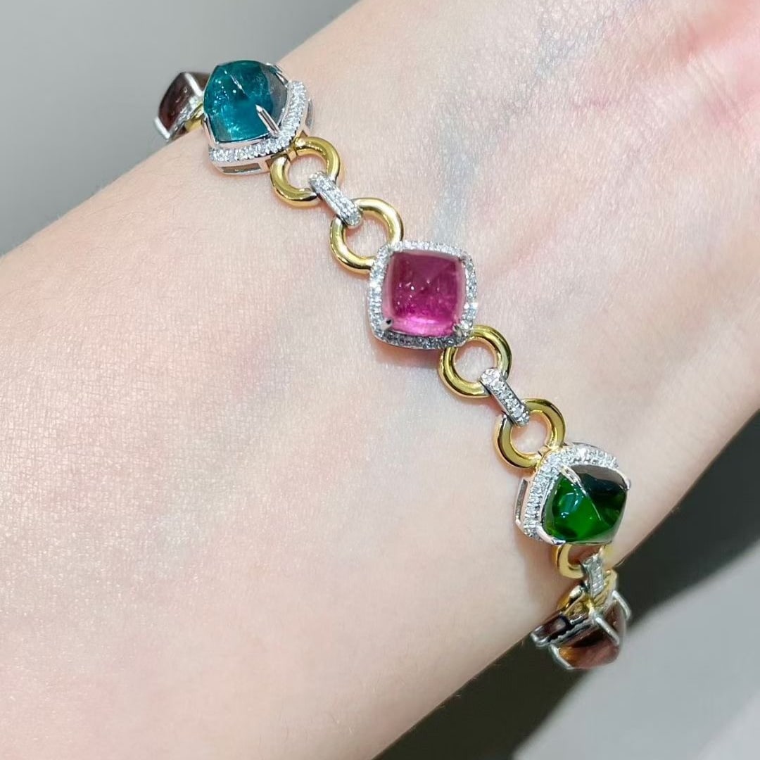 14k Gold 15 Ct Natural Tourmaline & Diamond Bracelet - 2