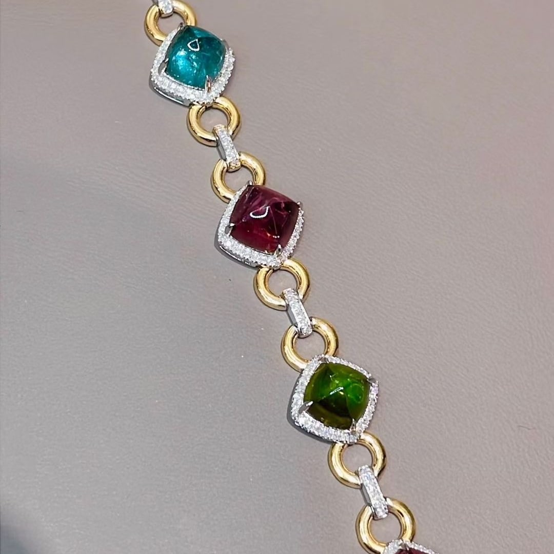 14k Gold 15 Ct Natural Tourmaline & Diamond Bracelet - 4