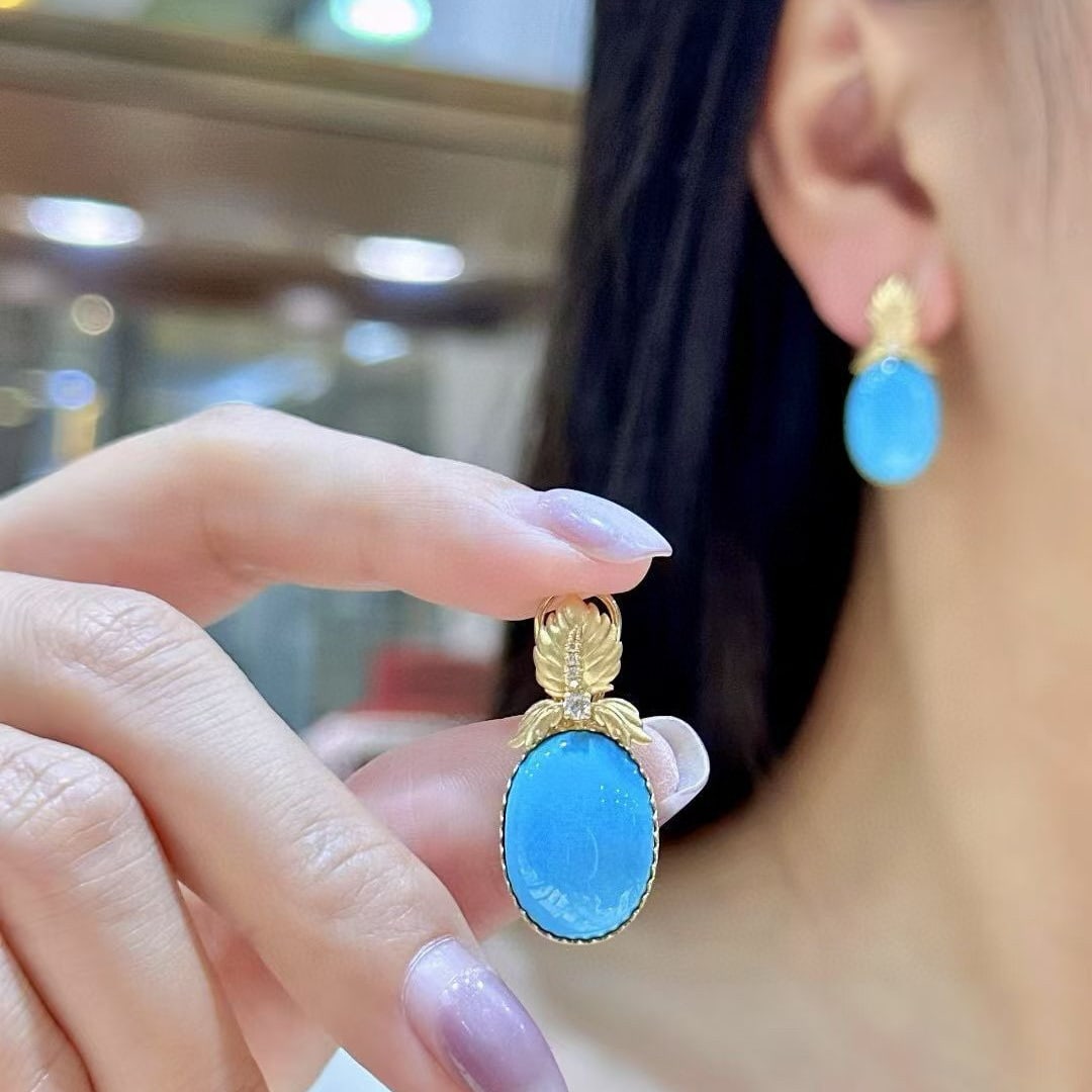 14k Gold 14.96 Ctw Natural Blue Turquoise & Diamond Earrings - 4