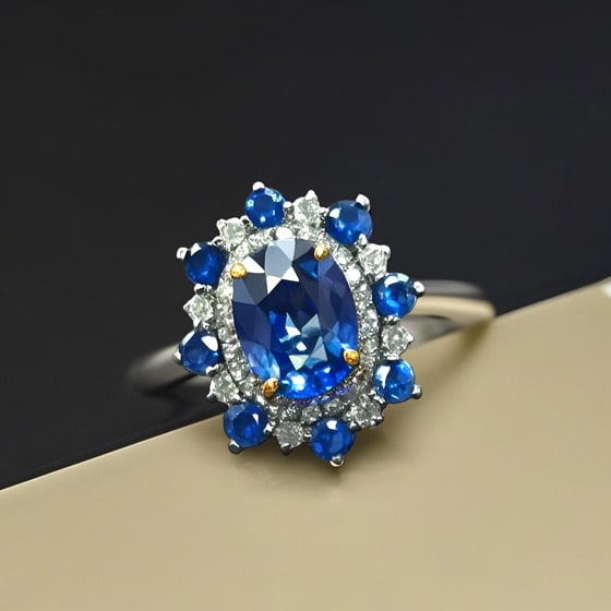 14k Gold 1.23 Ctw Natural Sapphire & Diamond Ring: Ref:231089056 // gold content:14k gold // ring size:7. 25us // // main gemstone:sapphire // shape:oval // carat weight:1. 02ct // color:blue // treatment:natural // // adjacent gemstone 2 :