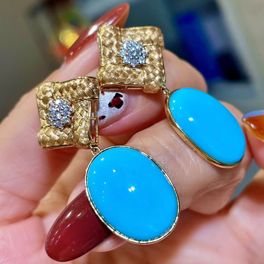 14k Gold 18.20 Ctw Natural Blue Turquoise & Diamond Earrings - 2