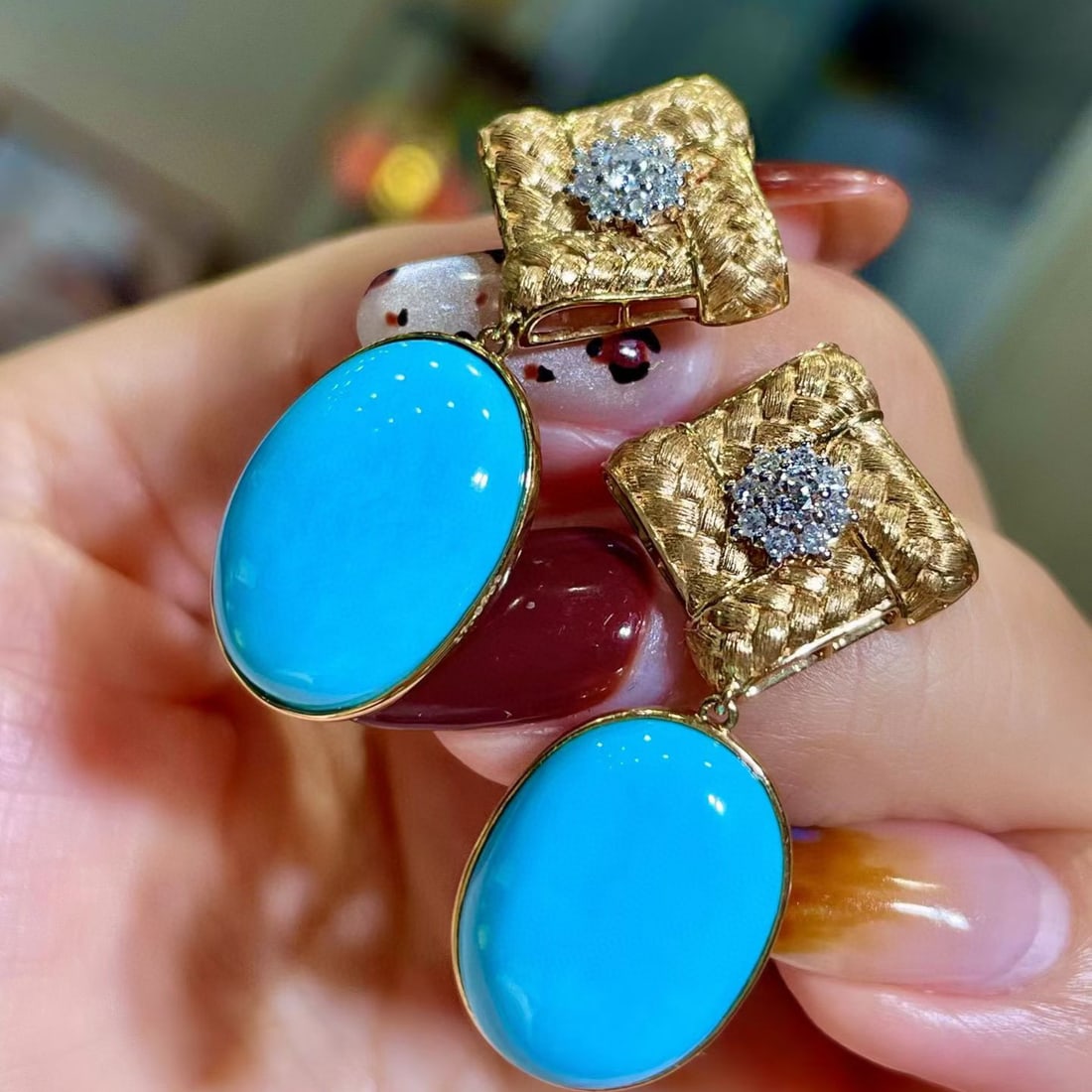 14k Gold 18.20 Ctw Natural Blue Turquoise & Diamond Earrings - 3