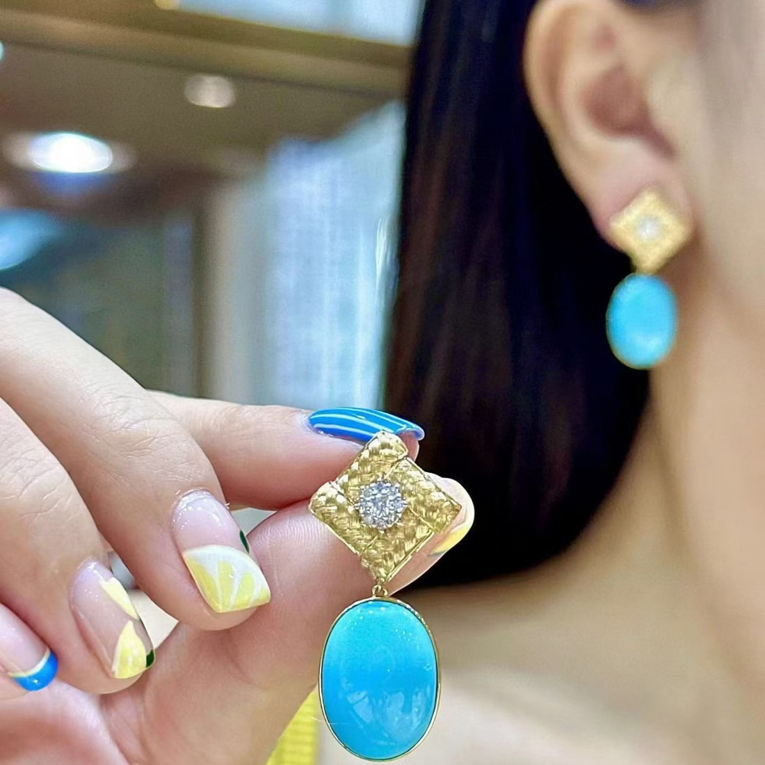 14k Gold 18.20 Ctw Natural Blue Turquoise & Diamond Earrings - 4