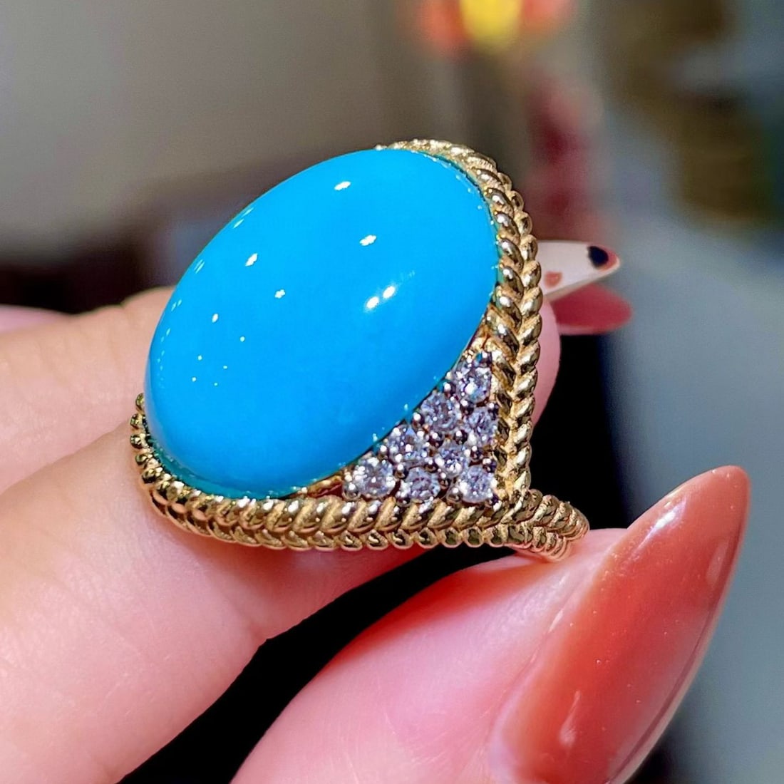 14k Gold 10.54 Ctw Natural Blue Turquoise & Diamond Ring - 3