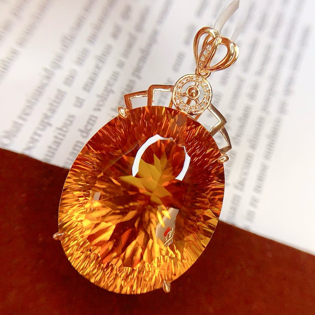 14k Gold 69.65 Ct Natural Citrine & Diamond Pendant( Without Chain ) - 2