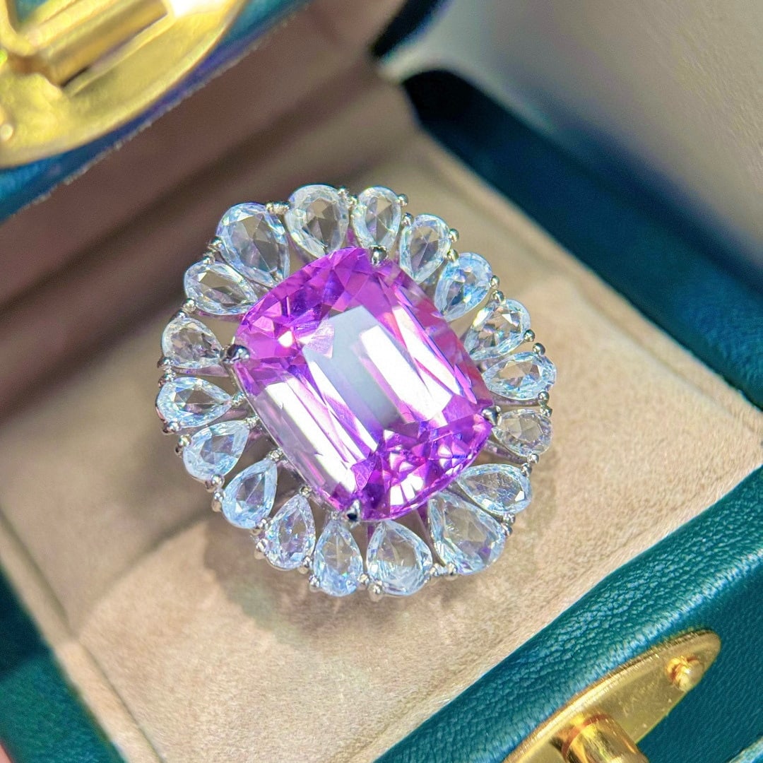 14k Gold 20.03 Ctw Natural Kunzite & Sapphire Ring - 3