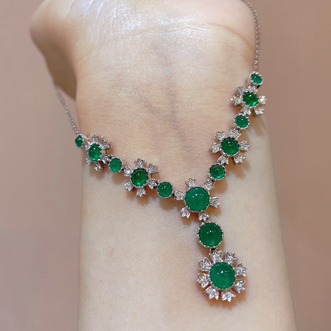 14k Gold 3.70 Ctw Vivid Green Natural Emerald & Diamond Necklace - 2