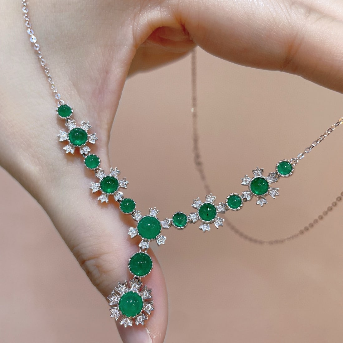 14k Gold 3.70 Ctw Vivid Green Natural Emerald & Diamond Necklace - 3