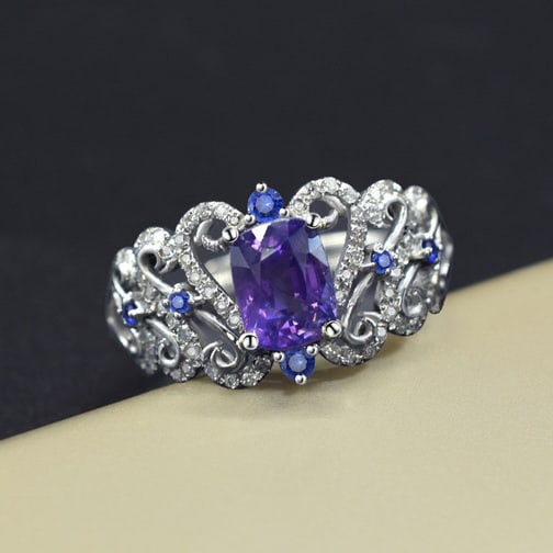 14k Gold 1.38 Ctw Natural Sapphire & Diamond Ring: Ref:231089099 // gold content:14k gold // ring size:7. 25us // // main gemstone:sapphire // shape:cushion // carat weight:1. 16ct // color:purple // treatment:natural // // adjacent gemstone 2 :