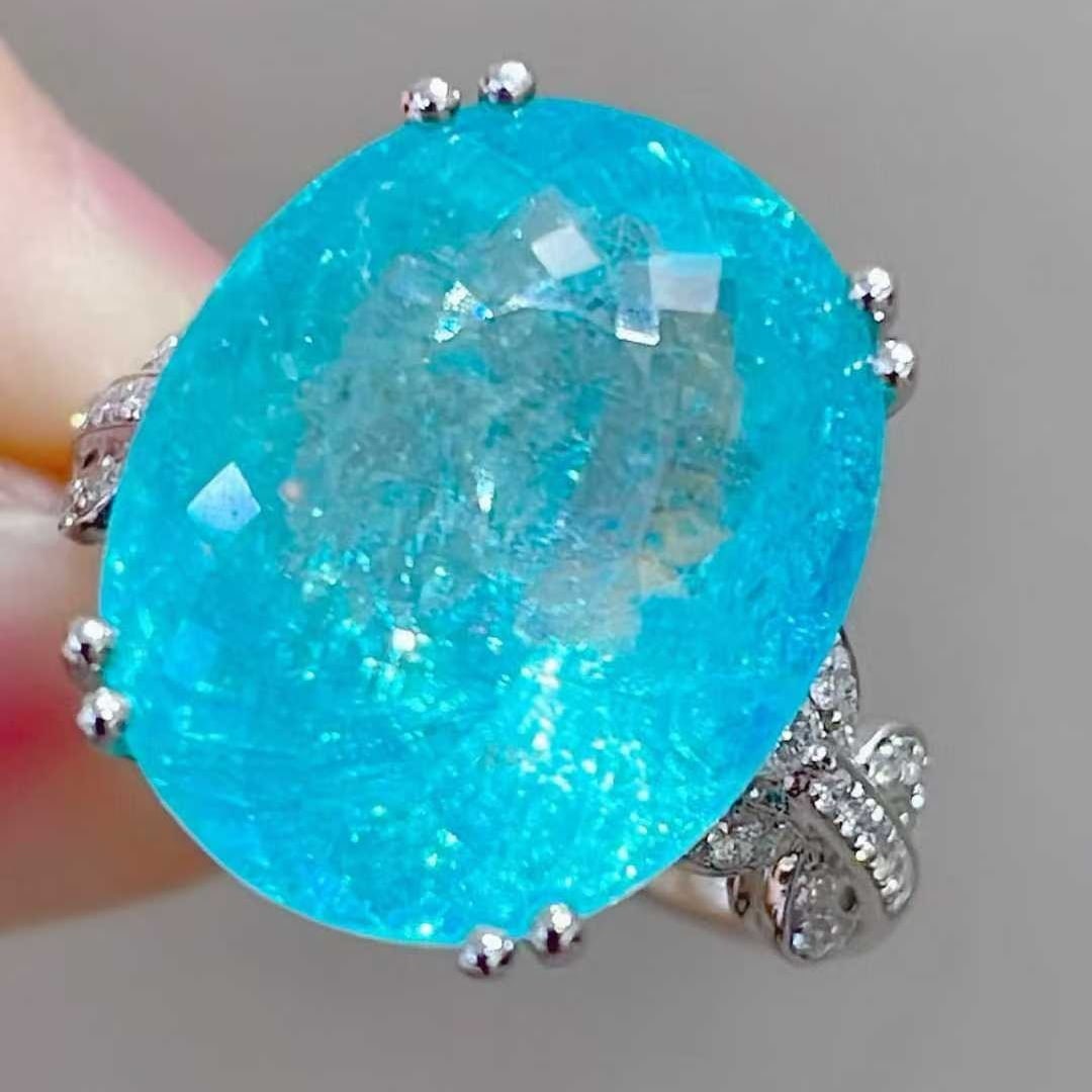 14k Gold 14.13 Ctw Natural Paraiba Tourmaline & Diamond Ring - 3