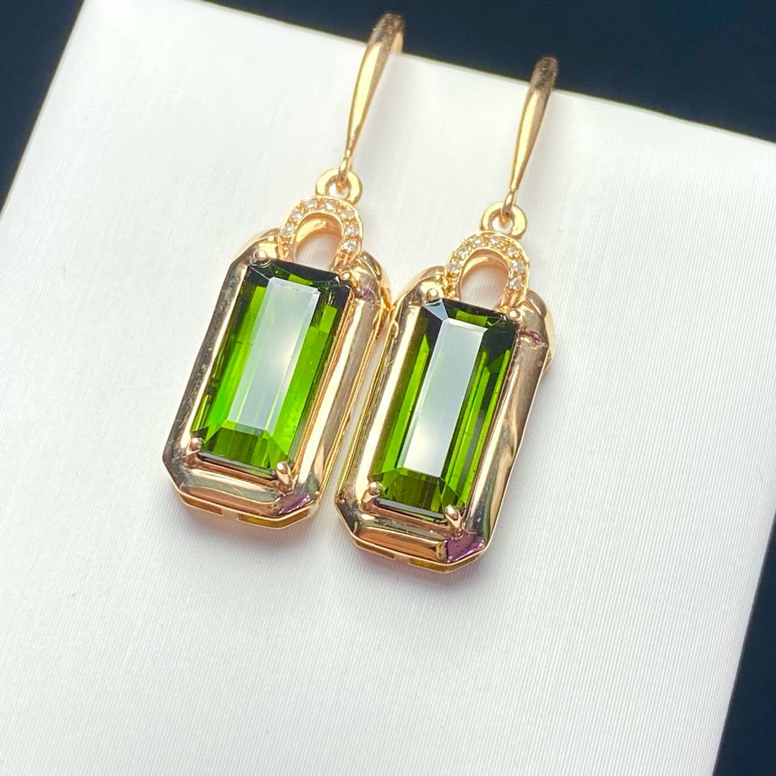 14k Gold 4.25 Ct Natural Tourmaline & Diamond Earrings - 2