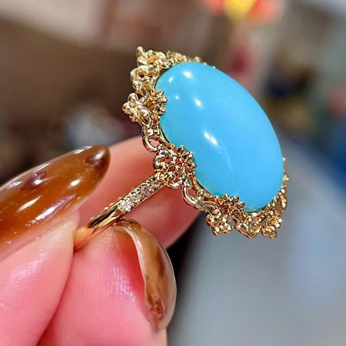 14k Gold 5.81 Ct Natural Blue Turquoise & Diamond Ring - 3