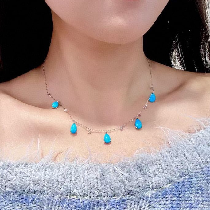 14k Gold 3.40 Ctw Natural Blue Turquoise & Diamond Necklace - 2