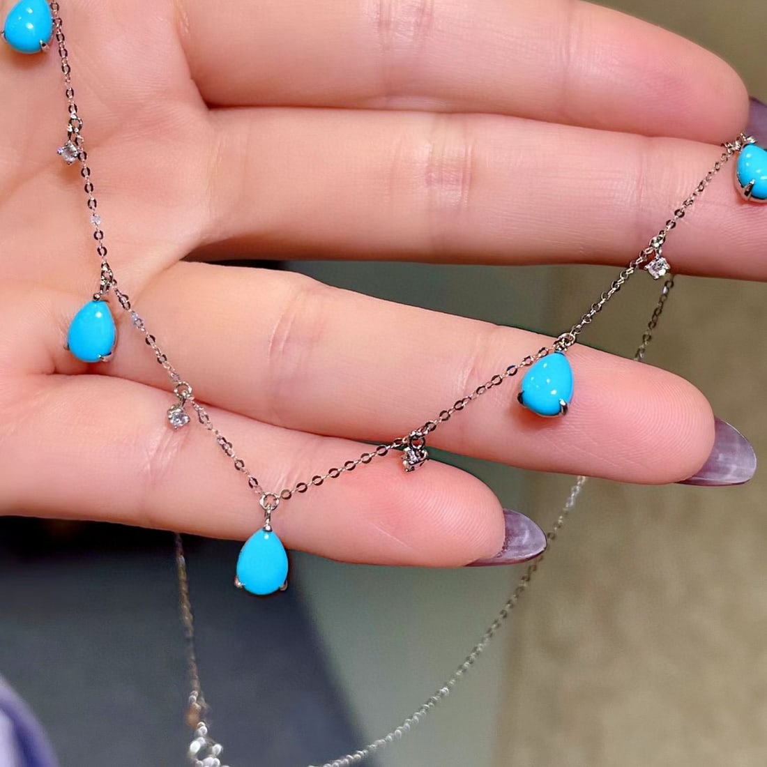 14k Gold 3.40 Ctw Natural Blue Turquoise & Diamond Necklace - 3