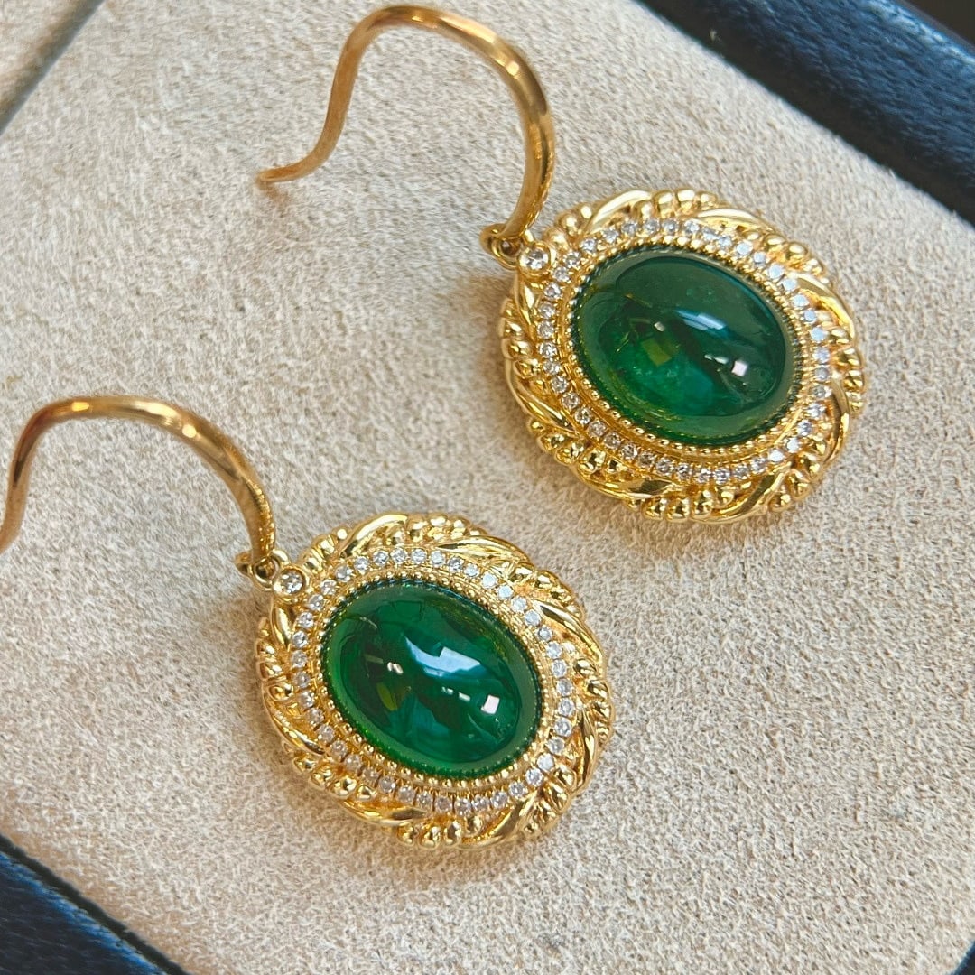 14k Gold 5.94 Ctw Vivid Green Natural Emerald & Diamond Earrings - 3