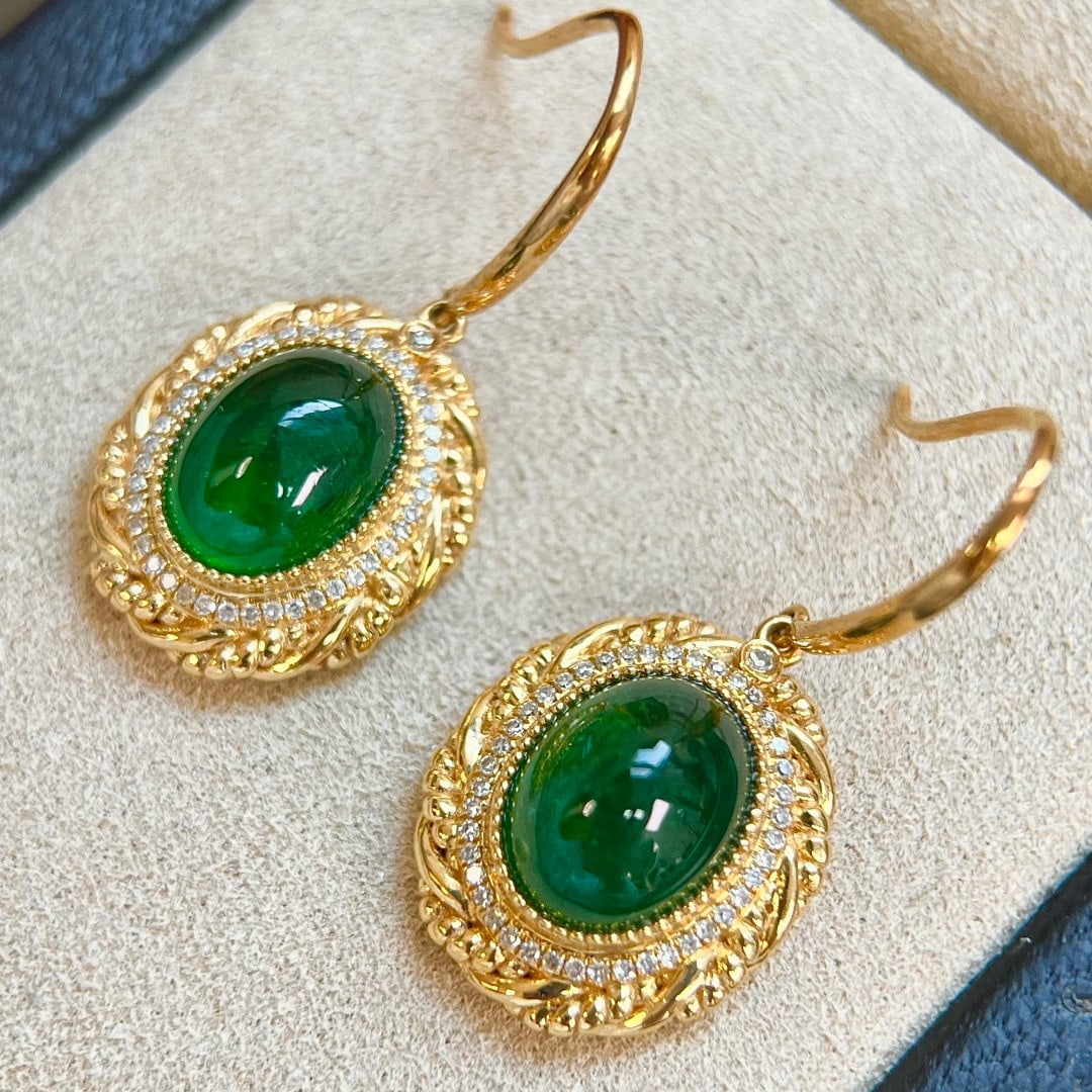 14k Gold 5.94 Ctw Vivid Green Natural Emerald & Diamond Earrings - 5