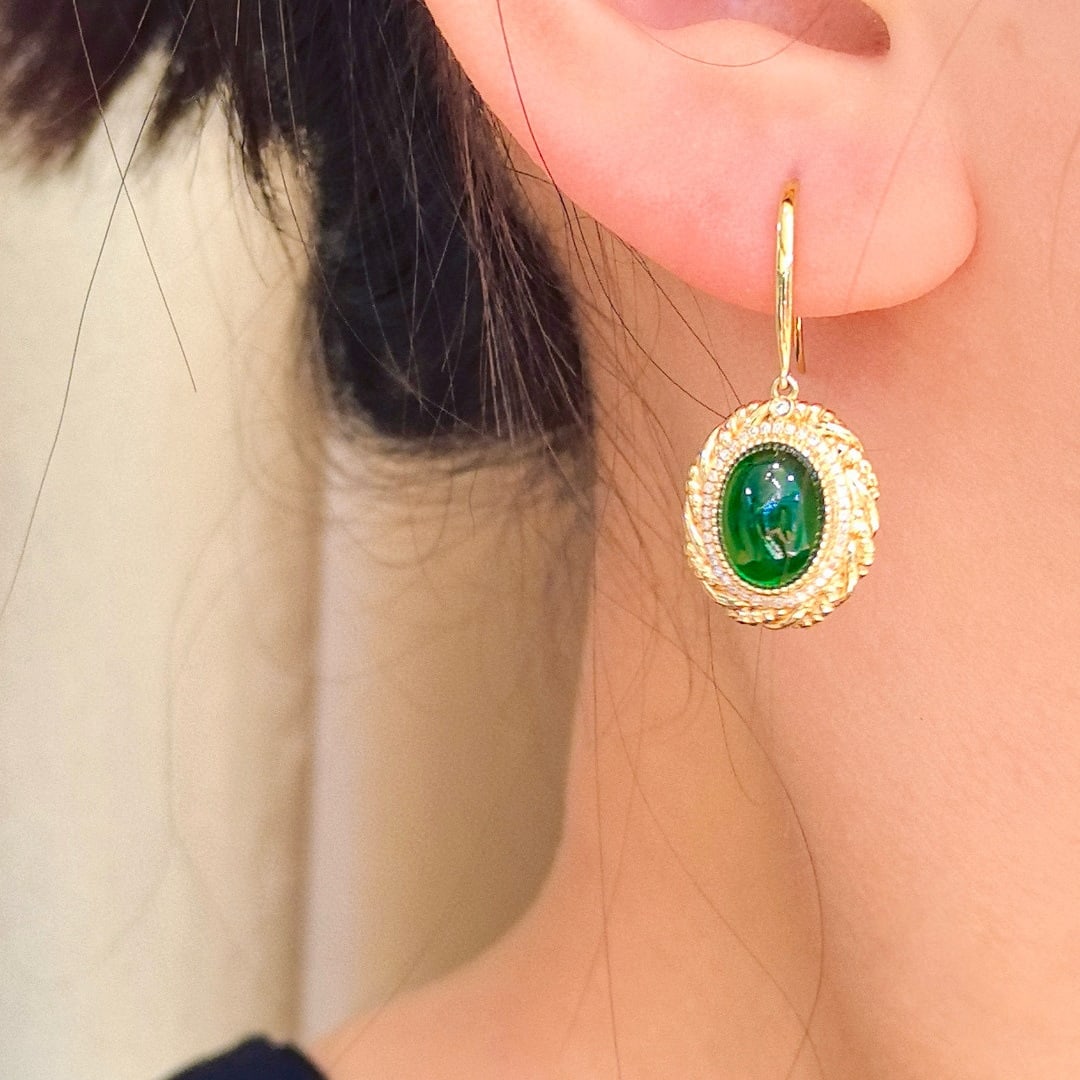 14k Gold 5.94 Ctw Vivid Green Natural Emerald & Diamond Earrings - 7