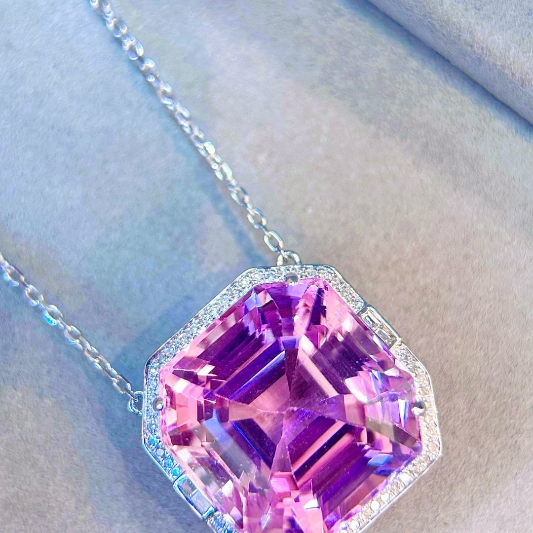 14k Gold 35.31 Ctw Natural Kunzite & Diamond Necklace - 4