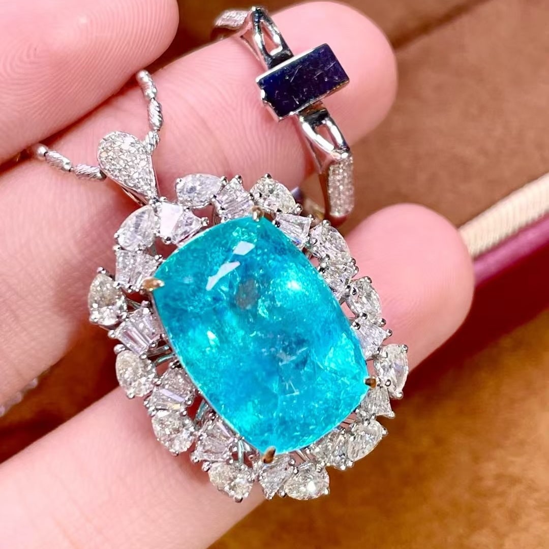 14k Gold 14.47 Ctw Natural Paraiba Tourmaline & Diamond Ring/pendant( Without Chain ): Ref:231089163 // gold content:14k gold // ring size:7. 25us // // main gemstone:paraiba tourmaline // shape:cushion // carat weight:12. 81ct // color:blue // treatment:natural // // adjacent