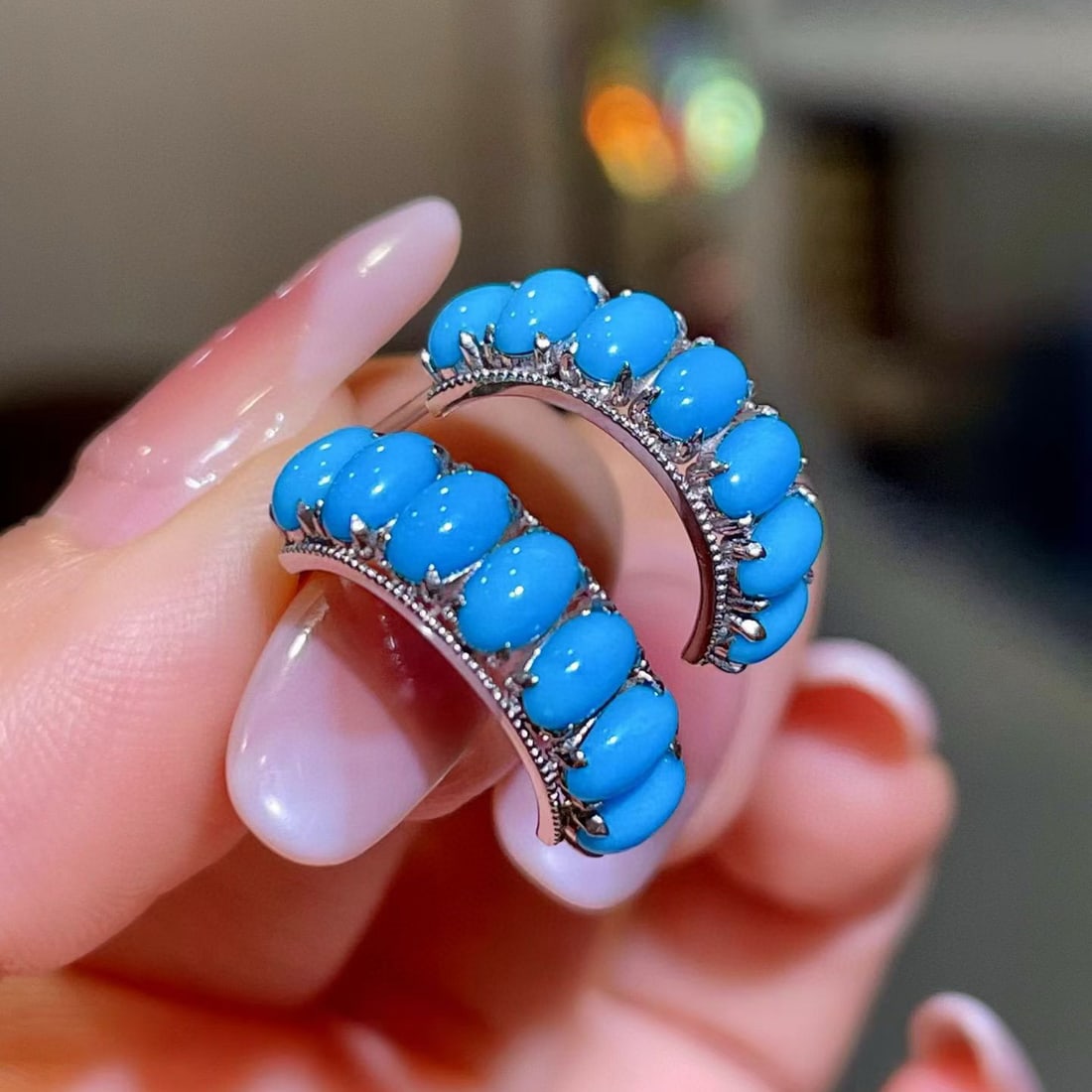 14k Gold 2.58 Ct Natural Blue Turquoise Earrings - 2