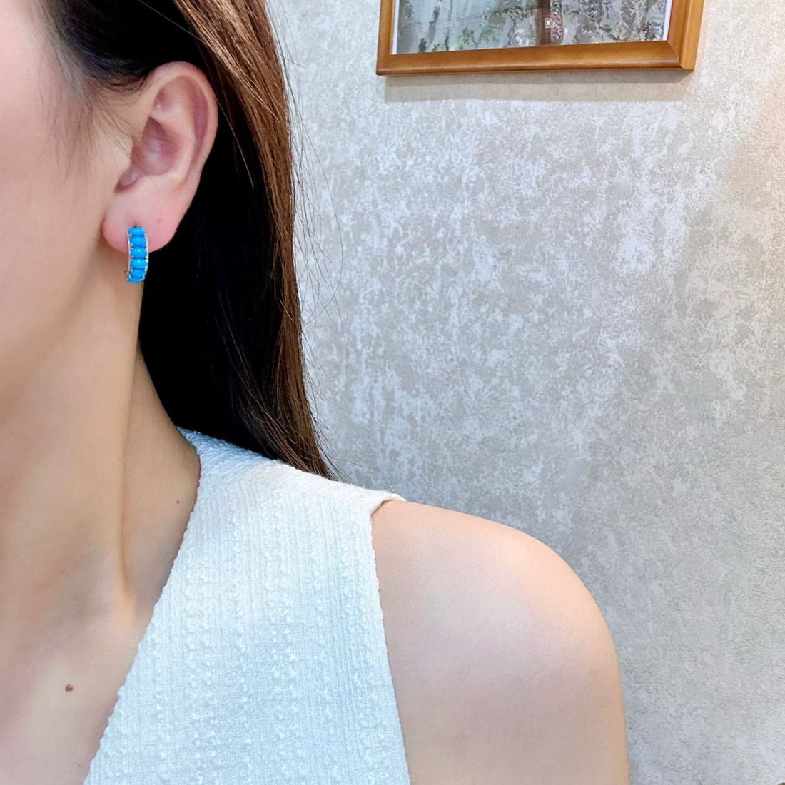 14k Gold 2.58 Ct Natural Blue Turquoise Earrings - 4