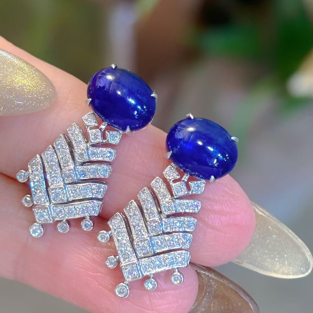 14k Gold 5.8 Ct Natural Sapphire & Diamond Earrings - 2