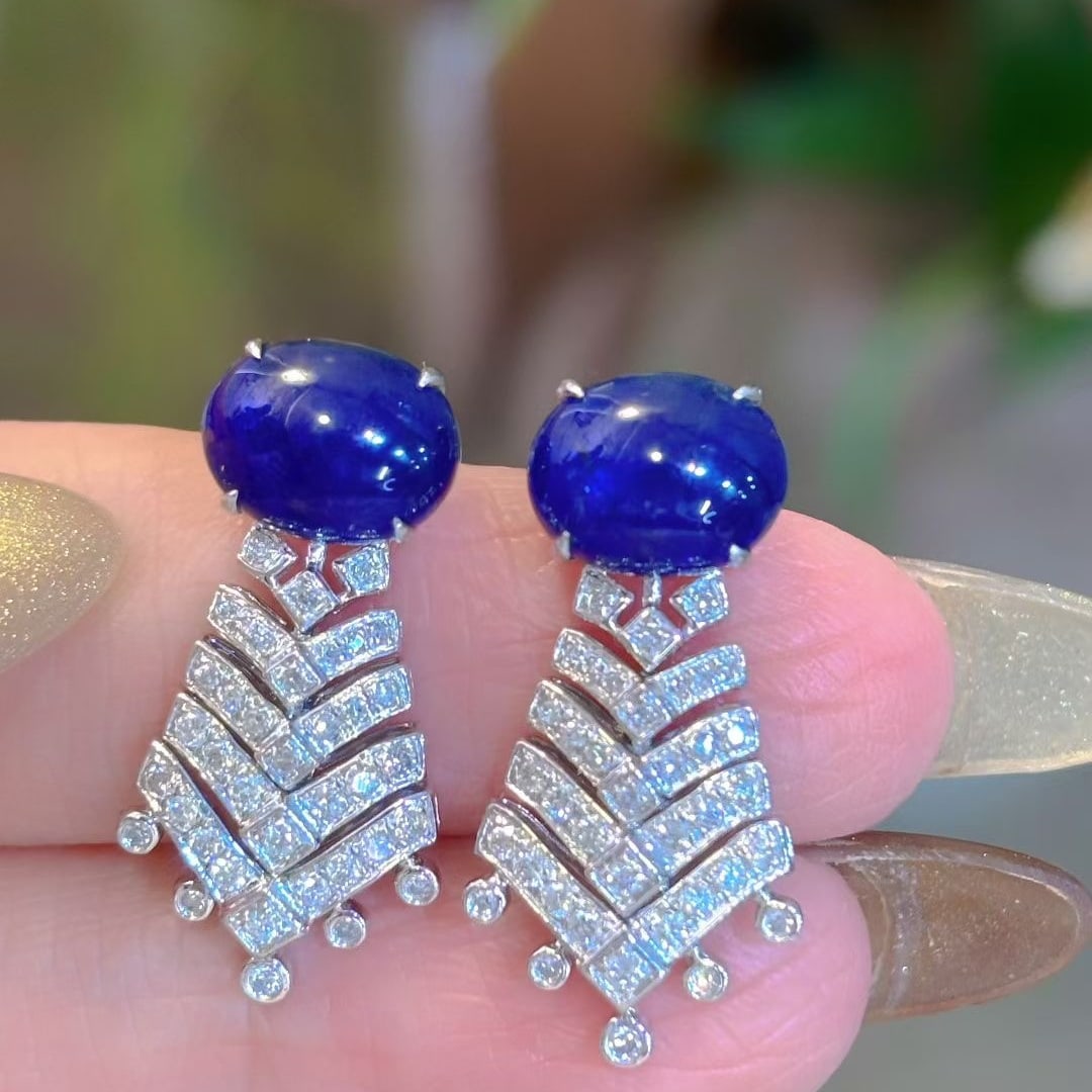 14k Gold 5.8 Ct Natural Sapphire & Diamond Earrings - 3